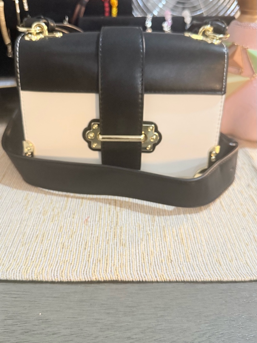 Two-Tone Black and Cream Structured Crossbody Bag with Gold Hardware